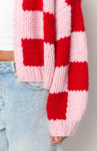 Suéter Cárdigan de Punto Grueso con Botones y Bordado <span class=keywords><strong>a</strong></span> Cuadros Rosa y Rojo, Estilo Americano Informal de Invierno para Mujer, Venta al Por Mayor - Product Image 5
