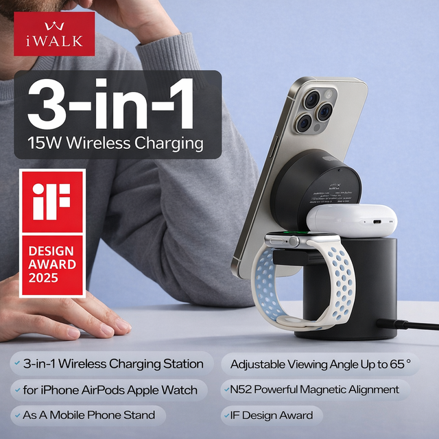 Multi-functional Smart Wireless Charging Station 3 in 1Magnetic Phone Charging Stand with Led Display for iPhone Watch Earphones