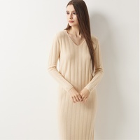 Robe pull à col en V pour femme, tricot côtelé large, manches longues, 30 % cachemire, tailles et étiquettes personnalisées, tenue quotidienne, robe décontractée en cachemire