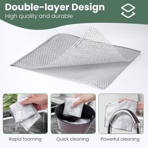 Double Layer Scrubbing Dish <b>Cloth</b> Multipurpose <b>Kitchen</b> Silver Wire Dish Towel Reusable Household Cleaning Dishwashing Rag - Product Image 3