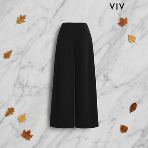 กางเกงขายาวทรงขาบานเอวสูงสำหรับผู้หญิง VIVI KA สีดำล้วน ผ้าวอร์สเตด กันยับ ทรงตรงแบบมินิมอล ผ้ายืดสแปนเด็กซ์/โพลีเอสเตอร์ - Product Image 1