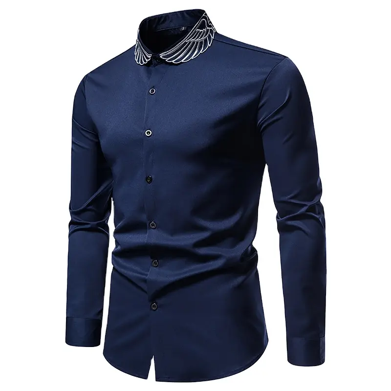 New design Wings Embroidery Neckline mens shirts 2021 Long Sleeve Solid Business Social Dress Casual Party Wedding Top Blouse