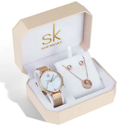 SHENGKE SK Hot Sale Watch Sets Lady Rose gold Plated Watches Jewelry Quartz Wristwatch Bracelet Watch Gift Box Set