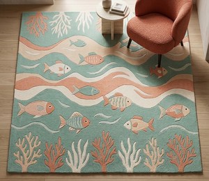 Tapis en laine tufté à la main Sage Terracotta Fish, motif vagueux inspiré des récifs coralliens côtiers, pour chambre d'enfant, chambre à coucher, salle de jeux - Product Image 5