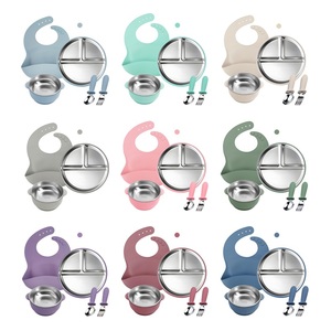 Factory Price BPA Free 6-Piece Stainless Steel Children's Plate Bowl <b>Bib</b> Fork Spoon Food Container Set Suction Cup Manual - Product Image 4
