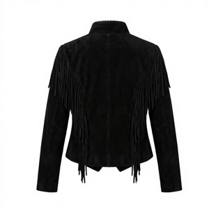 Chaqueta de Motociclista Estilo Western para Mujer, Negra, de Gamuza Vacuna, de Secado Rápido, con Flecos, Cuello Camisero, Manga Larga, Estilo Biker, para Invierno - Product Image 2