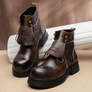 Botas de Cuero de Estilo Italiano Retro Casual, Talla Grande, con Cordones, Punta Redonda, Antideslizantes, que Aumentan la Altura, Botas de Otoño - Product Image 2
