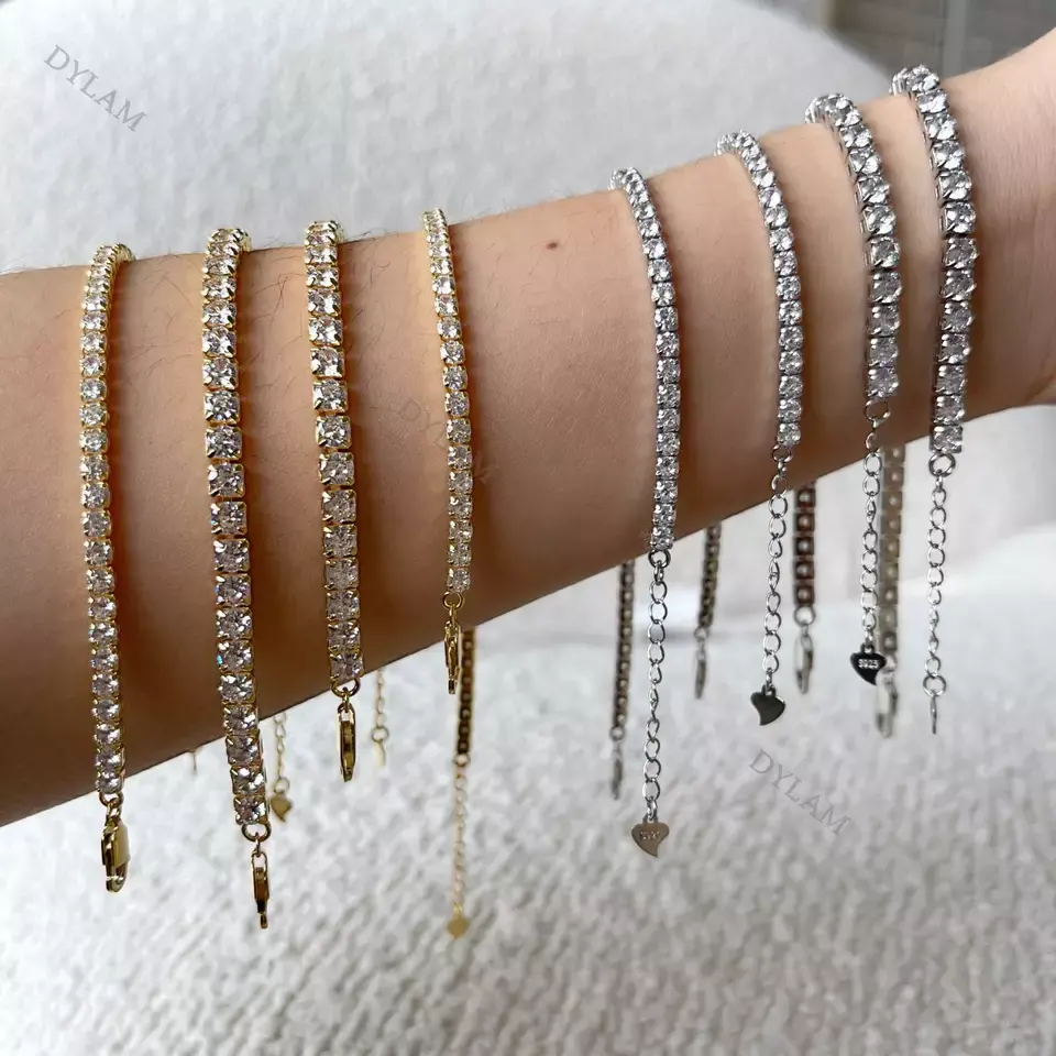 Wholesale Hip hop 925 sterling silver Iced Out Cubic Zircon 2 3 4mm 14K gold plating tennis chain Adjustable bracelet for women