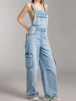 Combinaison en jean unisexe taille haute bleu clair OEM ODM, écologique, respirante, décontractée, ample, avec logo brodé, style cargo mignon