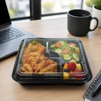 Boîte à bento OEM personnalisée écologique, base noire, couvercle transparent, compartiments multiples, empilable, compatible micro-ondes