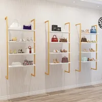 Hoge Kwaliteit Luxe Schoenenwinkel Meubels Goud Metalen Muur Gemonteerde Muur Schoenen Display Stand Voor Winkel