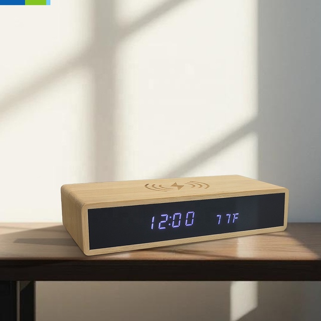 Smart Wooden LED Alarm Clock Wireless Charging Digital Temperature Display Voice Control Battery Powered Office Outdoor