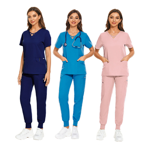 ชุดยูนิฟอร์มพยาบาลสีแดงเบอร์กันดีทันสมัยสำหรับผู้หญิง เสื้อครอปคอไขว้ กางเกงโยคะ 3 กระเป๋า ชุดสครับทางการแพทย์ ชุดยูนิฟอร์มโรงพยาบาล - Product Image 5