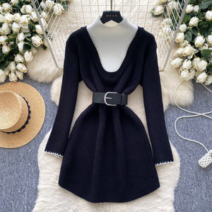 Abito Midi a collo alto autunnale <span class=keywords><strong>in</strong></span> <span class=keywords><strong>maglia</strong></span> sottile per donna abito <span class=keywords><strong>in</strong></span> pizzo Patchwork impero <span class=keywords><strong>rosso</strong></span> nero - Product Image 3