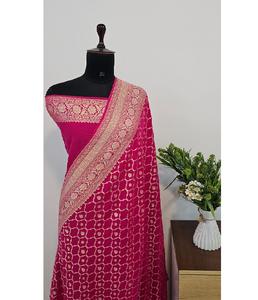 Sari en Georgette Banarasi Khaddi Pur Tissé à la Main par un Designer, Tissu Doux, Magnifique Broderie Zari, Drapé Luxueux, Protection Solaire pour Fêtes - Product Image 1