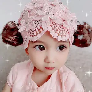새로운 모델 아기 레이스 꽃 더블 미트볼 머리띠 가발 공주 Cute100 번째 생일 아기 가발 모자