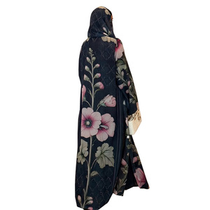 2025 Dubai Luxury Dark Blue Floral Print <strong>Chiffon</strong> Muslim Open <strong>Abaya</strong> With Matching Hijab Loose Modest Outfit - Product Image 5