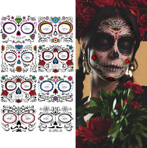 Autocollants de tatouage temporaire Jour des Morts, motifs tête de mort en sucre, roses florales, art corporel d'Halloween - Product Image 1