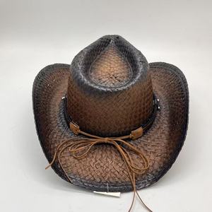Sombrero de paja de <span class=keywords><strong>vaquero</strong></span> con estilo Retro occidental a precio de fábrica, sombrero de playa de paja a prueba de Sol de estilo Unisex de verano con banda de vaca - Product Image 5