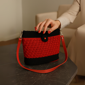 Bolso Bandolera Mini Hecho a Mano de Ganchillo Muses Made, Rojo y Negro, de Algodón, Portátil, con Cierre de Botón, Bolso de Hombro Boho de Moda para Mujer - Product Image 2