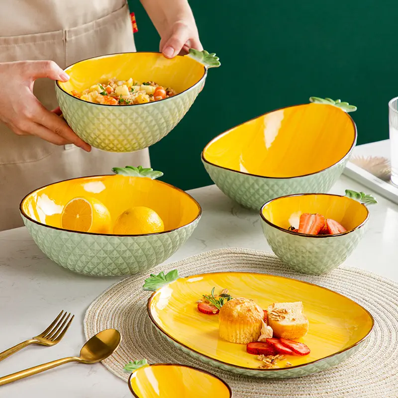 JIUWANG Pineapple ceramic plate rice bowl fruit salad bowl creative cute dishes and plate for home restaurant fun tableware