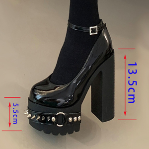 Chaussures pour femmes en cuir verni, style punk, à plateforme haute de 11 cm, rivetées, bout rond épais, taille 43, talons tendance - Product Image 2