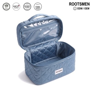 Estuche de Maquillaje Acolchado de Satén Azul Polvoriento con Pespunte de Diamantes, Bolsa Grande para Maquillaje con Asa de Transporte, Cremallera, Logotipo Personalizado OEM, para Viaje - Product Image 1