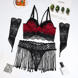 Ensemble de lingerie sexy en dentelle, <span class=keywords><strong>soutien</strong></span>-<span class=keywords><strong>gorge</strong></span> push-up à armatures, culotte string mi-longue, body à taille à franges, maintien moyen, effet délavé, OEM - Product Image 6