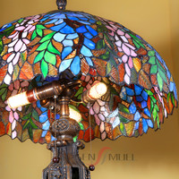Lampe de table haut de gamme avec verre coloré teinté Style Tiffany Base en cuivre pur abat-jour glycine lampe décorative en verre artistique