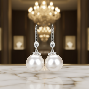 Orecchini Pendenti Nineso con Perle Akoya Bianche, Argento 925, Perle Coltivate Rotonde AAA, Gioielli Classici da Donna per Matrimonio - Product Image 2