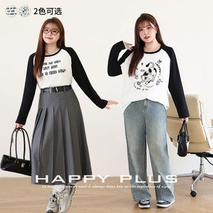 T-shirt à manches raglan pour femmes grandes tailles, imprimé chat, manches longues, haut décontracté en tricot avec motif lettres pour adultes - Product Image 2