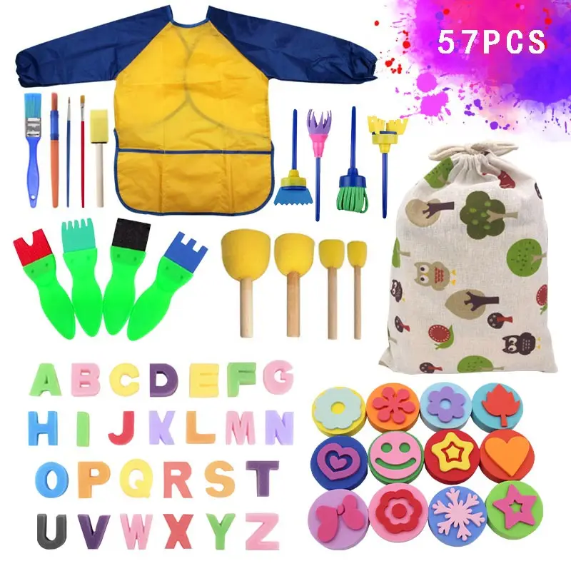 Paint Sponges for Kids 57 pcs of Fun Paint Brushes for Toddlers Brush Flower Pattern Brush Waterproof Apron Creative Tool Set