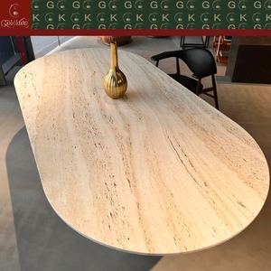 Mesa de Jantar Oval de Luxo Moderna GOLDKING em Travertino Bege Natural com Pernas Hexagonais Duplas Polidas OEM ODM - Product Image 3