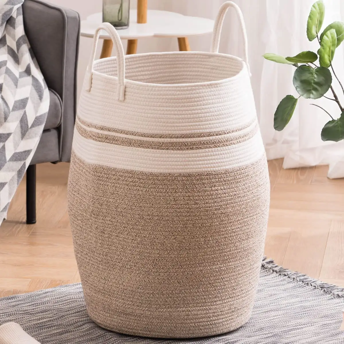 Laundry Basket Woven Cotton Rope Storage Basket Dirty Clothes Hamper Tall Blanket Basket Laundry Bin Large Toy Storage