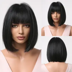 Factory Outlet Short Straight Synthetic Black Bob Wigs With Bangs For Women Brown Natural Heat Resistant