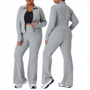 Plus Size Women Turtleneck Zipper <b>Jacket</b> High Waist Flare Leggings Fitness Gym <b>Yoga</b> Two-Piece Set Washed Spandex/Nylon - Product Image 2