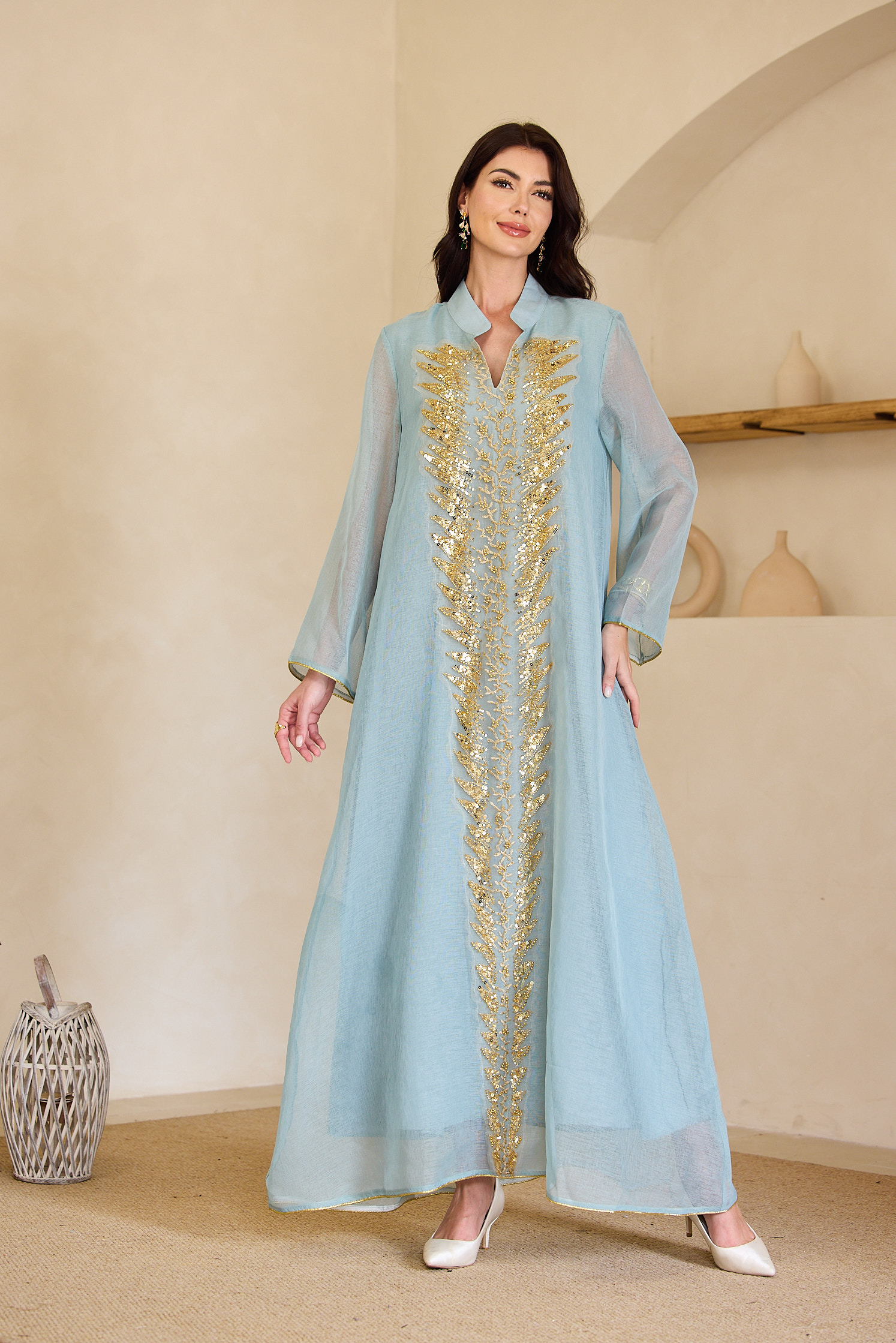 beaded abaya dress Basma Black Beaded Open Abaya Dress Set (2-Piece Set)