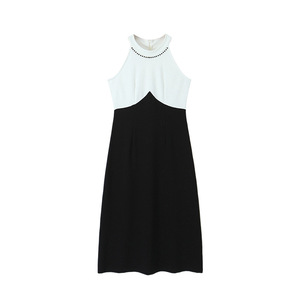 Vestido midi Runqi con cuello halter y bloques de color, negro y blanco, corte en A, vestido de noche para mujer, talla grande N8696 - Product Image 1
