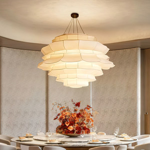 Chinese Style Chandelier Round White Fabric LED Six-Head <b>Lighting</b> For <b>Dining</b> Room Home Decor - Product Image 1