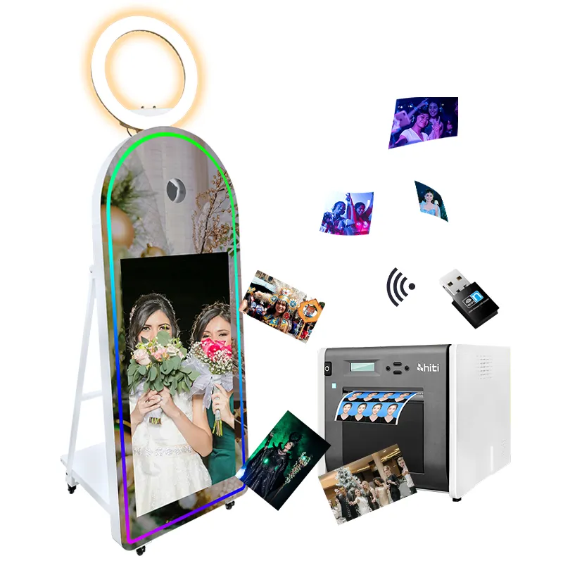 Photomaton à grand écran tactile pour fête de mariage avec selfie reflex numérique et miroir magique