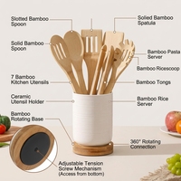 Ensemble de 8 ustensiles de cuisine en bambou avec support rotatif à 360 degrés en céramique, outils de cuisson en bambou, ustensiles de cuisine pour la cuisine à domicile