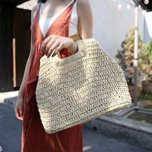 Vintage Paper Straw Crochet Handbags <b>Large</b> Capacity Shopping <b>Beach</b> Tote <b>Bag</b> Women Lady Summer Casual Dress <b>Bag</b> With Wood Handle - Product Image 1