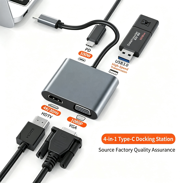 Factory Directly Sales High Quality Type-C Hub Mini 4-in-1 Docking Station for 4K HD HDTV 1080P VGA USB3.0 PD 100W