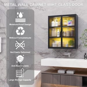 Armoire murale de salle de bain moderne, armoire à pharmacie en métal, portes en verre cannelé, armoire murale pour toilettes, 5 étagères réglables - Product Image 4