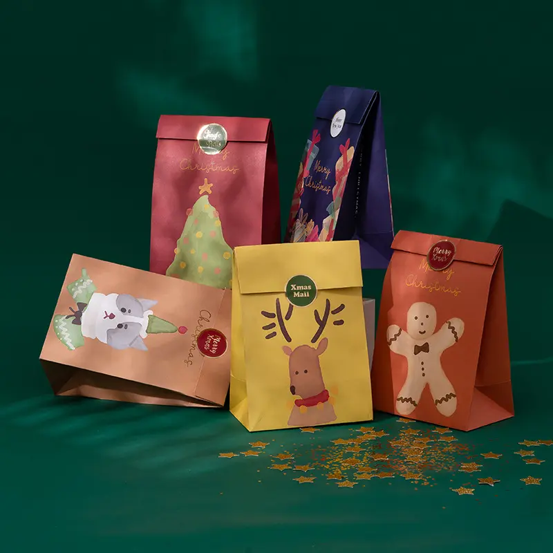 Tas Hadiah Kertas Kraft Tas Hadiah Kemasan Kue Permen Natal Tas Berdiri Kartun Anak-anak