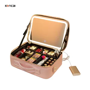 KONCAI di alta qualità LED specchio illuminato portatile moda kit di vanità borsa cosmetica rosa organizzatore di viaggio logo personalizzato piccola custodia per il trucco