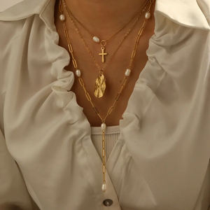 Collar de Cruz con Perlas de Agua Dulce y Acero Inoxidable 304 Chapado en Oro de 18K para Mujer, Cadena de Clip con Electroplacado al Vacío - Product Image 2