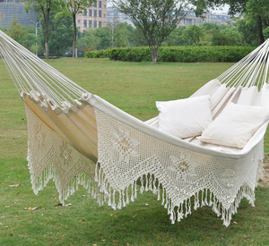 Hamaca de algodón blanco con borla, columpio colgante para exteriores para Patio, jardín, Camping, soporte para árbol incluido - Product Image 1