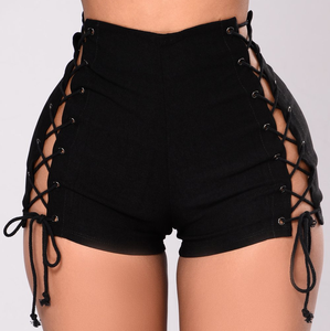 Shorts décontractés taille mi-haute moulants pour femme, nouvelle collection automne, couleur unie, ajourés, à lacets, grandes tailles, vente en gros - Product Image 1