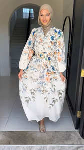 Elegante Vestido Abaya de Poliéster con Estampado Floral y Cinturón para Mujeres Musulmanas, Manga Larga, Primavera/Otoño, Boda, Uso Diario, Moda Islámica Modesta - Product Image 5